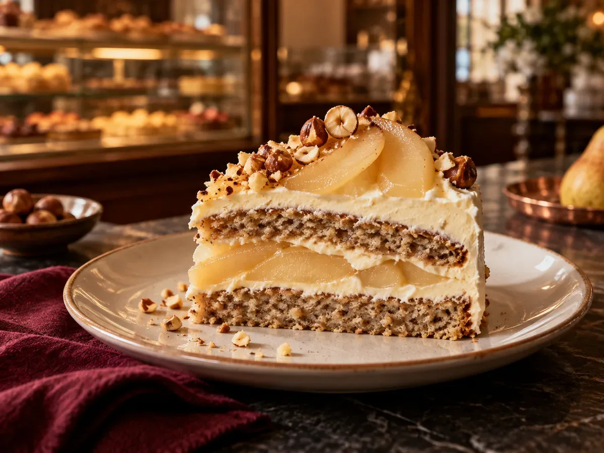 Fatia de torta Amalfitana com mascarpone, pera e avelãs