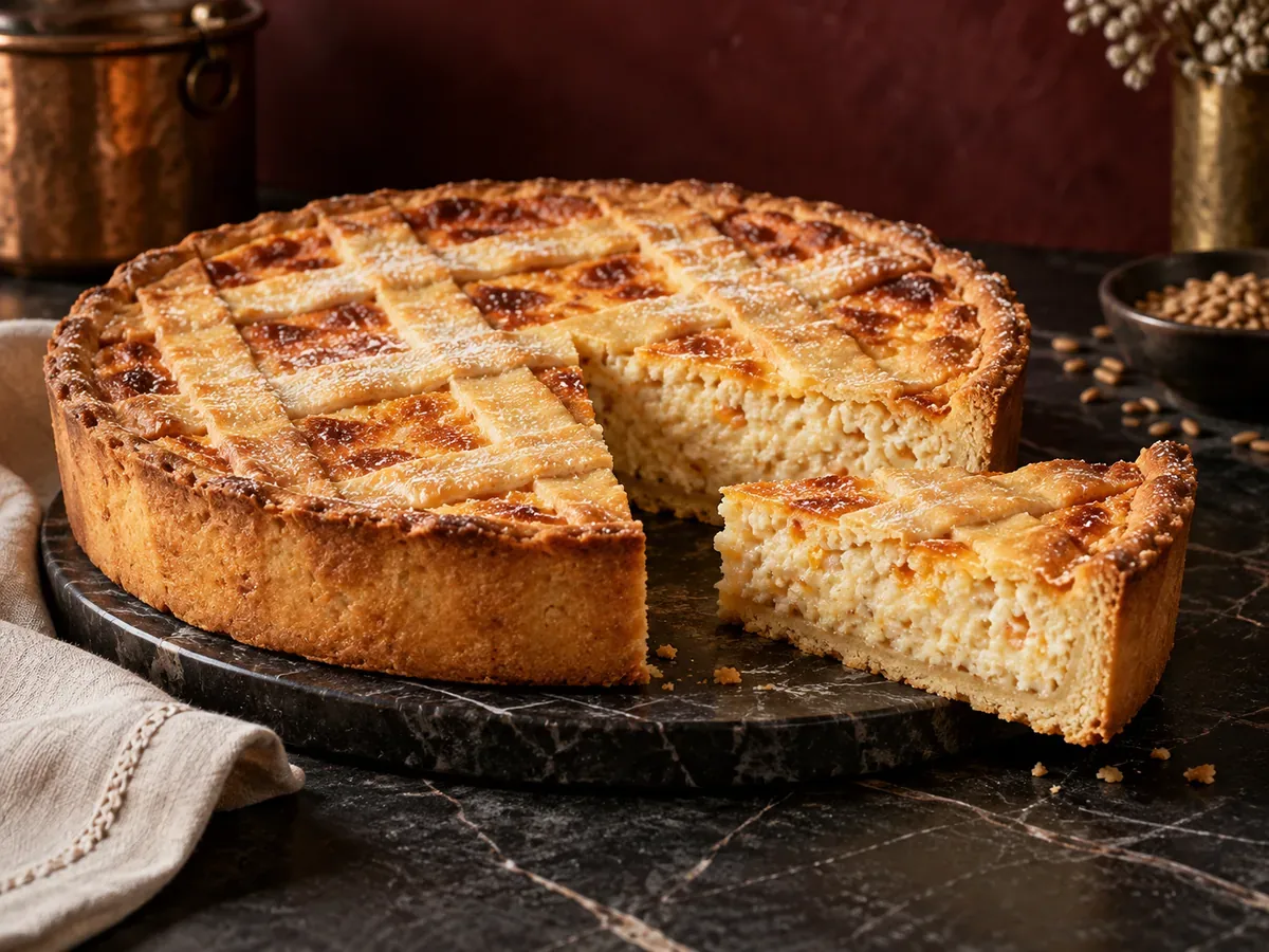 Pastiera di grano com massa dourada e recheio cremoso